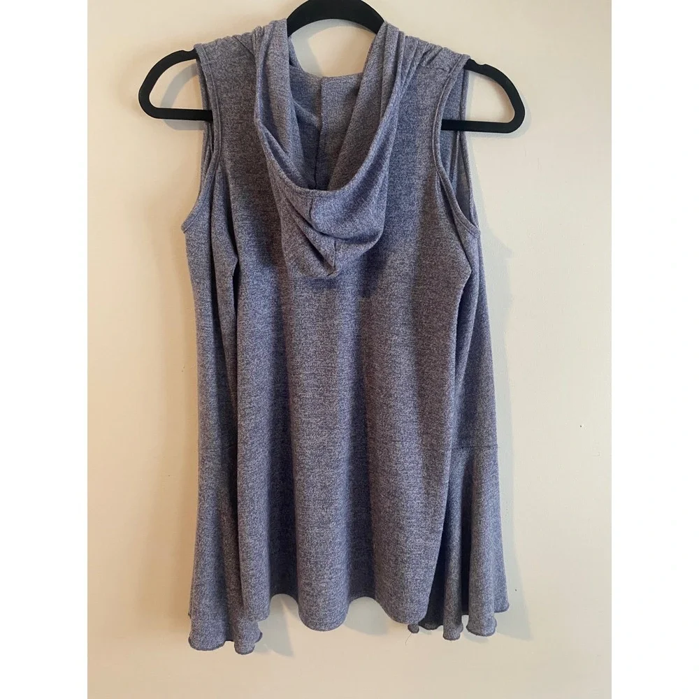 Poof! Soft Cozy Knit Blue Grey Heather Cold Shoulder Pullover Hoodie Size S - Picture 7 of 11